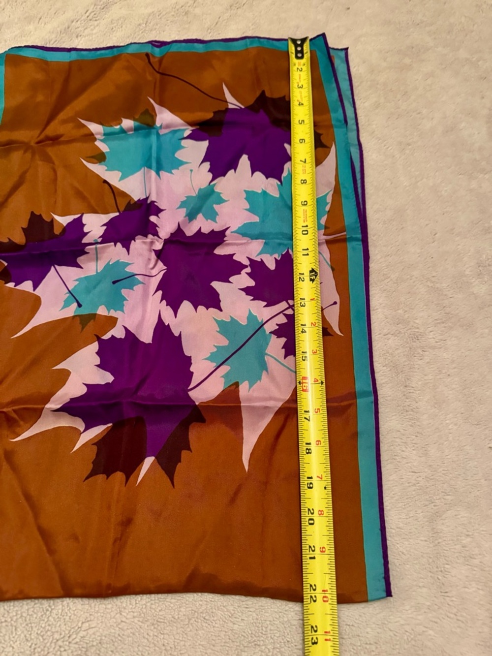 Vera Neumann Oblong Scarf 44x15 Brown Teal Purple Leaves Japan Vintage - Picture 8 of 9